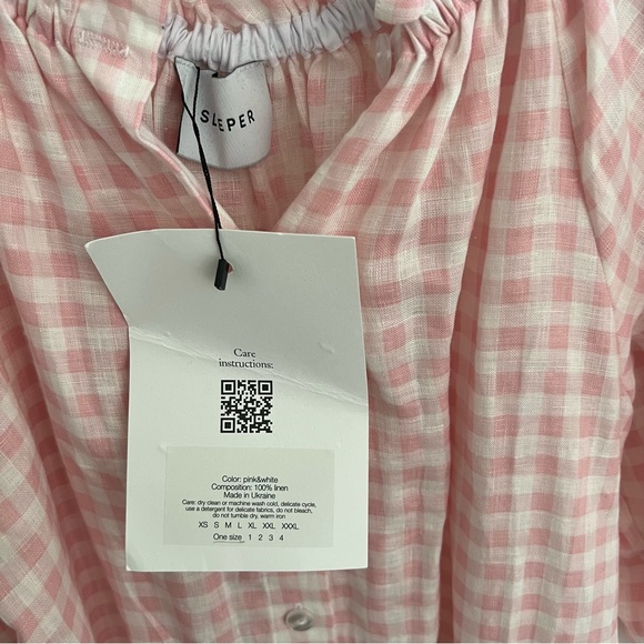 Sleeper Women’s Linen Lounge Dress Puff Sleeve Ruffle Hem in Pink Check - Picture 4 of 8